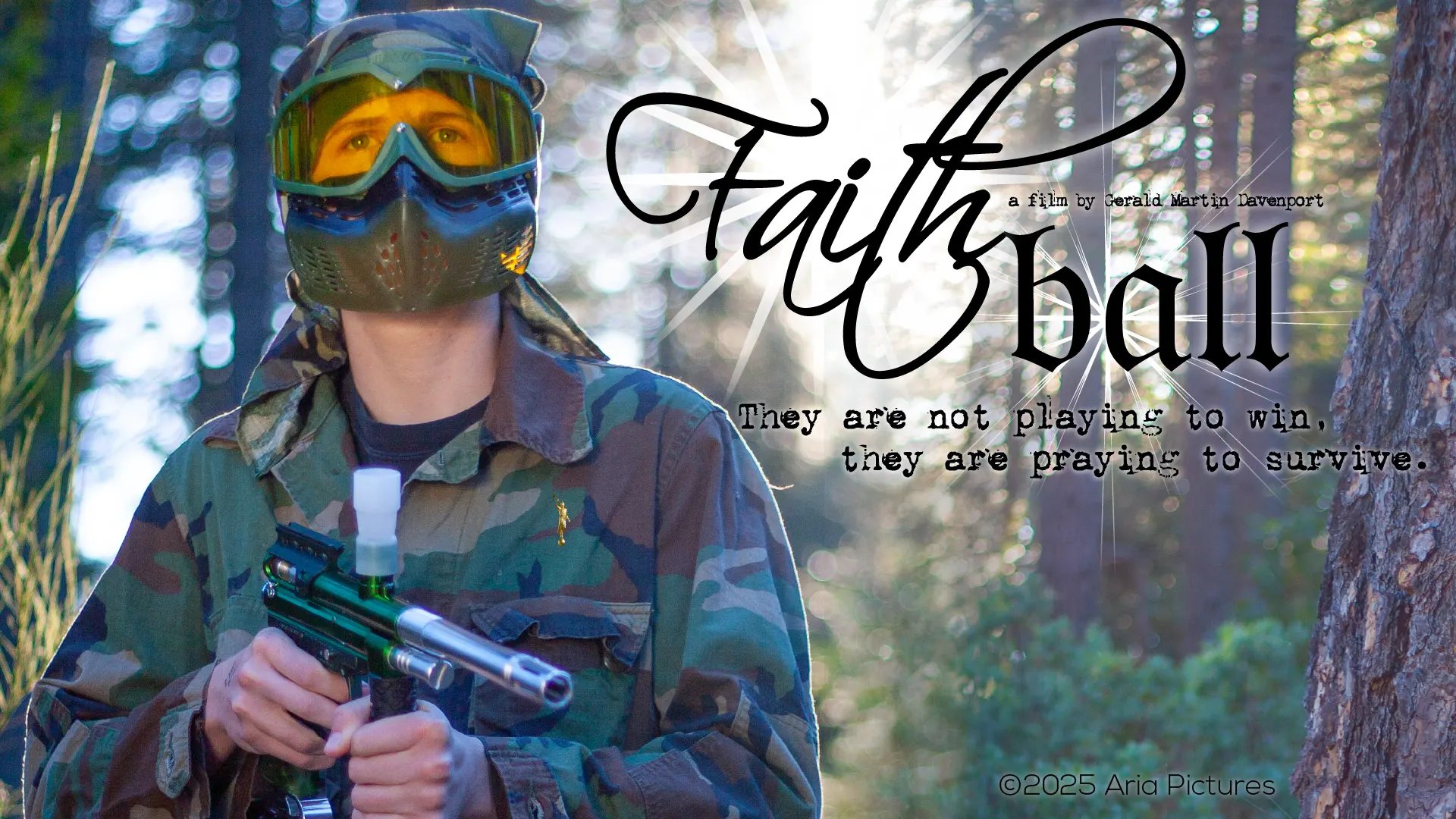 Paintball players stands strong and ready to fight with Jesus and God on his side.